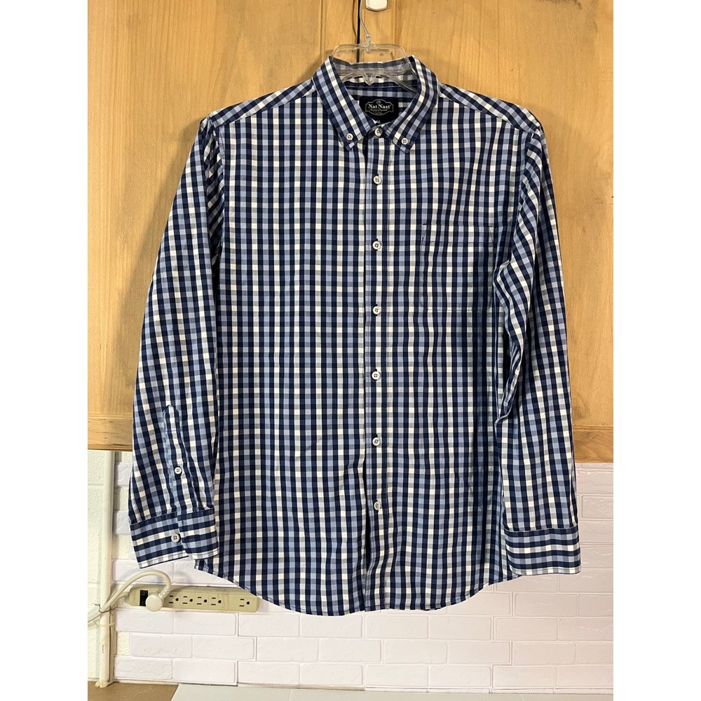 Nat Nast Button Down Shirt Mens Medium Blue Gingham Check Long Sleeve